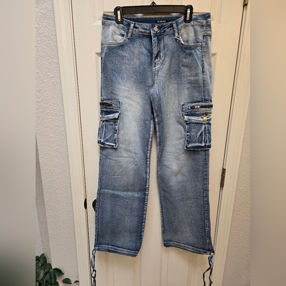 NWT Flamingo Denim Jeans With Cargo Pockets And Drawstring Hem, Large - Picture 1 of 13